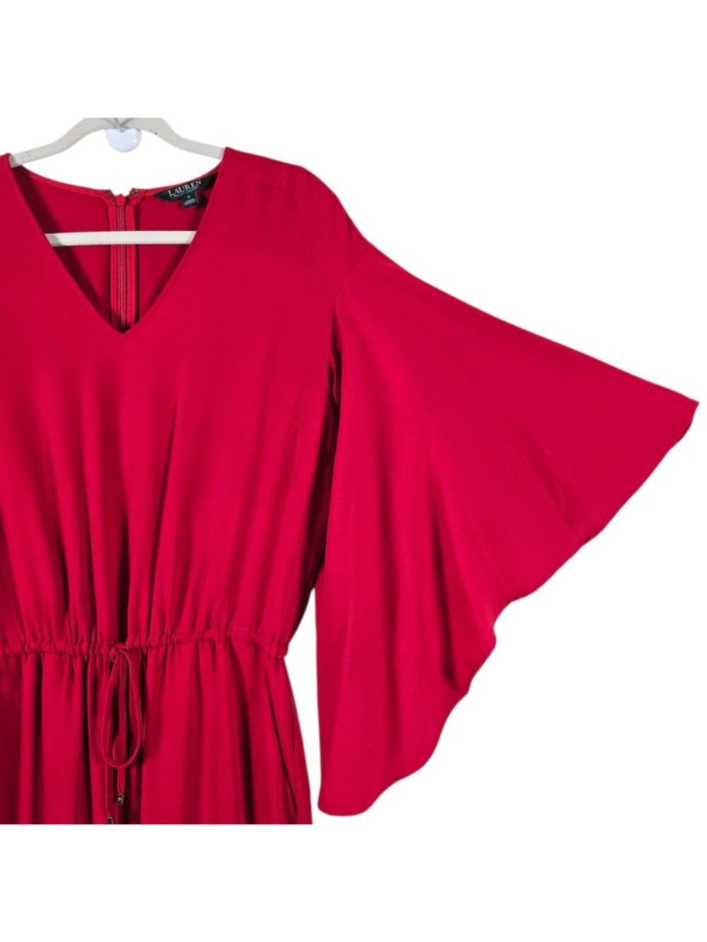 Ralph Lauren LRL Womens Red Drawstring V-Neck Wide Flare Sleeves Jumpsuit Size 8 - Picture 5 of 12